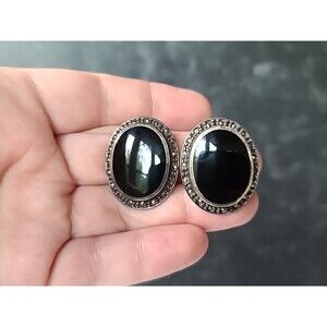 925 Sterling Silver Black Enamel & Marcasite Clip-on Oval Earrings Vintage